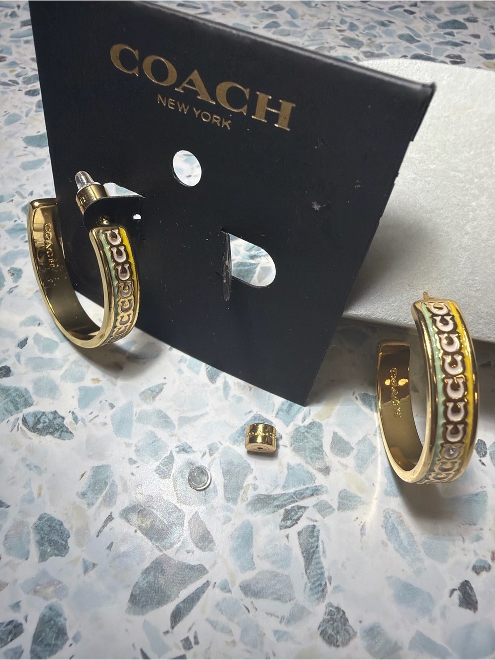Coach Enamel Signature C Gold Hoop Earrings Gold Tone Crystal Accents #43
